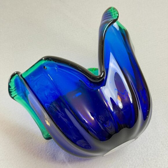 Vintage Italian Murano Style Art Glass Bowl, Cobalt Blue, Green Crest Edge 8" - Picture 8 of 15